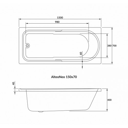 ВАННА АКРИЛОВАЯ VOLLE ALTEA NEO 150Х70 СМ, БЕЗ НОЖЕК (1228.001570)
