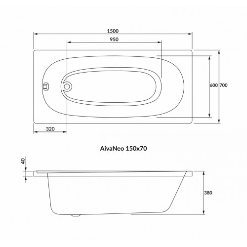 ВАННА АКРИЛОВАЯ VOLLE AIVA NEO 150Х70 СМ, БЕЗ НОЖЕК (1229.001570)