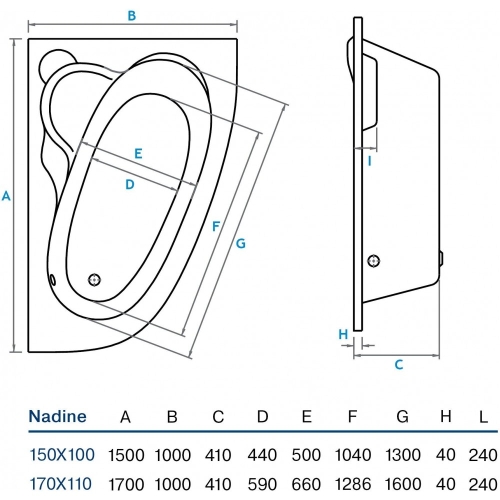 ВАННА АКРИЛОВАЯ KOLLER POOL NADINE 150Х100 P + СИФОН + НОЖКИ NADINE150X100R+WBW0001+B70CМMA-57