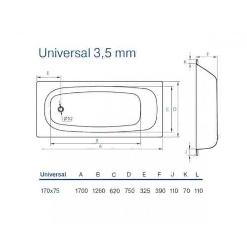 ВАННА СТАЛЕВА KOLLER POOL UNIVERSAL 170×75 B75HAH00E