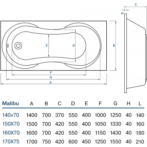 ВАННА АКРИЛОВА KOLLER POOL MALIBU MALIBU 160 + СИФОН + НІЖКИ MALIBU160X70+WBW0001+B70CМMA-57