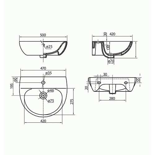 Умивальник RUNA 50 см, з отвором, з переливом