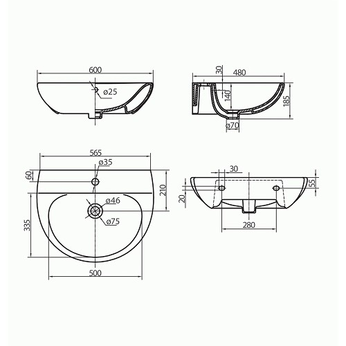 Умивальник RUNA 60 см, з отвором, з переливом
