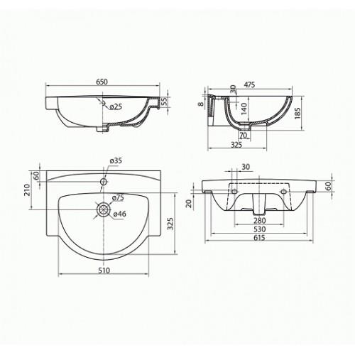 Умивальник меблевий FREJA 65 см, з отвором, з переливом