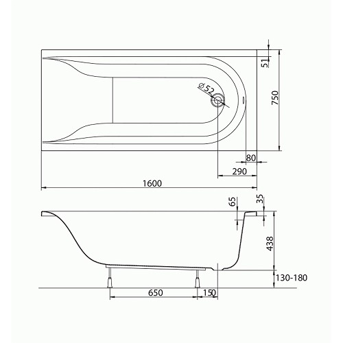 MIRRA прямокутна ванна 160X75 см в комплекті з ніжками та кріпленнями