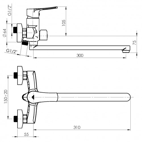 Смеситель для ванны Rubineta (Nica-11/С) изл. 300мм лейка шланг NI11CK08